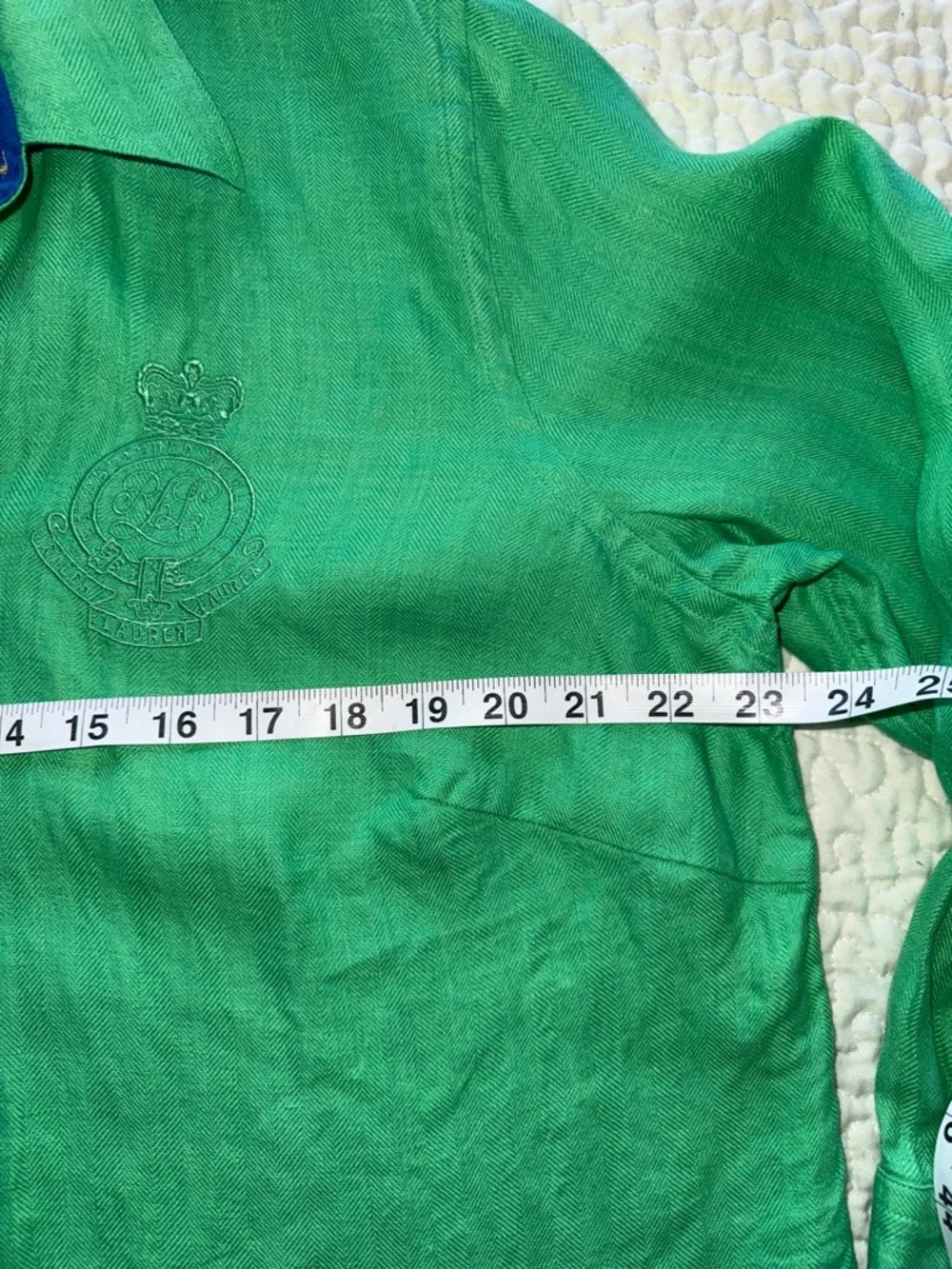 Lauren Ralph Lauren Linen Green Button Up Shirt Blue Contrast Trim Logo Crest 1X - Picture 5 of 12